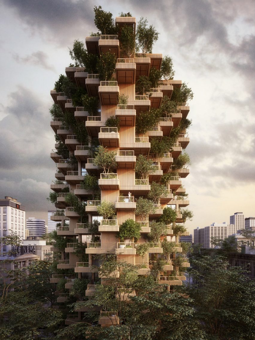Растения и деревья прорастают из модульных блоков, которые составляют этот каркасный высотный дом, предложенный архитектурной фирмой   Пенда   за   Торонто   ,   Penda, имеющая офисы в Китае и Австрии, сотрудничала с канадской компанией Tmber в проекте Toronto Tree Tower